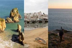 Colagem do Algarve o que visitar com falésias douradas, vila piscatória e pôr do sol junto ao mar