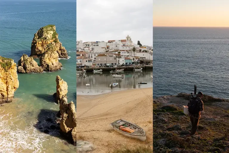 Colagem do Algarve o que visitar com falésias douradas, vila piscatória e pôr do sol junto ao mar