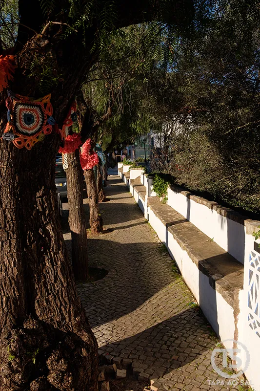 Alte o que visitar passeio junto à ribeira com árvores decoradas e calçada tradicional