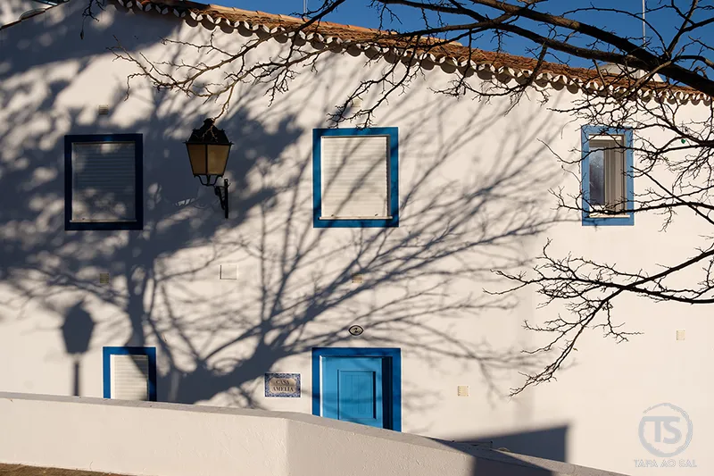 Alte o que visitar casa branca com janelas azuis e sombras de árvore na fachada