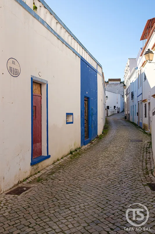 Alte o que visitar rua estreita de calçada com casas brancas e portas azuis