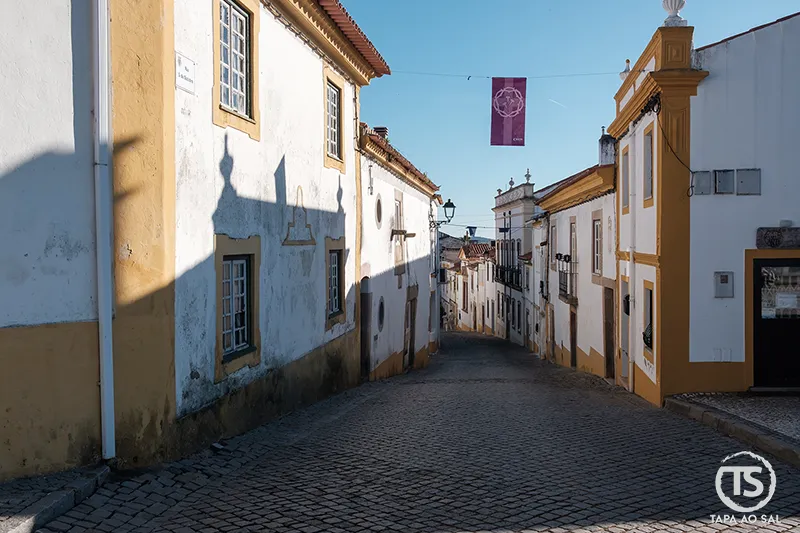 Rua inclinada no centro histórico do Crato, com calçada e fachadas tradicionais do Alto Alentejo