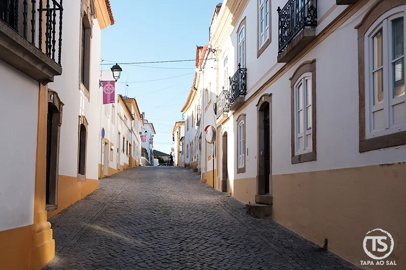 Rua empedrada no centro histórico do Crato, com fachadas tradicionais e ambiente tranquilo no Alto Alentejo