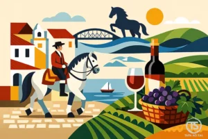 Ilustração da Feira de Maio da Azambuja com campino a cavalo, vinho do Ribatejo e paisagem junto ao Tejo.