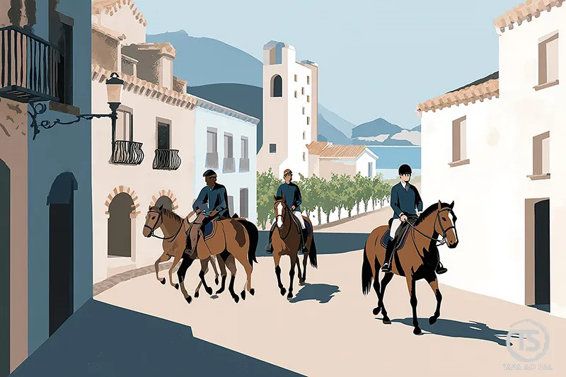 Cavaleiros a percorrer ruas da vila durante a Feira de Maio da Azambuja entre casas tradicionais ribatejanas.