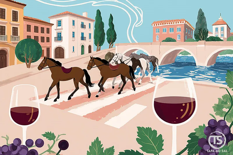 Cavalos a atravessar ponte sobre o Tejo durante a Feira de Maio da Azambuja, com vinho e paisagem ribatejana.