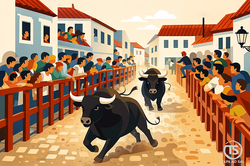 Largada de toiros na Feira de Maio da Azambuja com multidão nas ruas e espectadores atrás das grades.