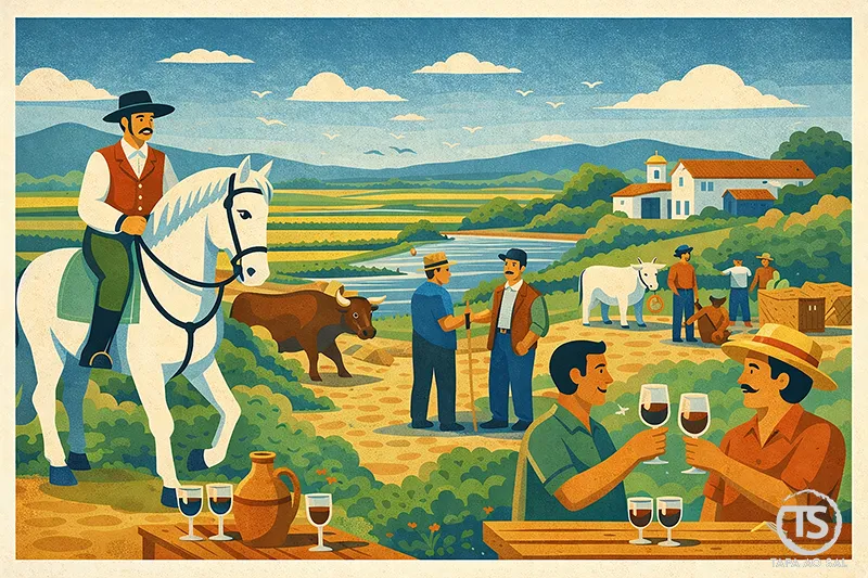 Campino a cavalo na lezíria durante a Feira de Maio da Azambuja, com agricultores, vinho e paisagem rural ribatejana.