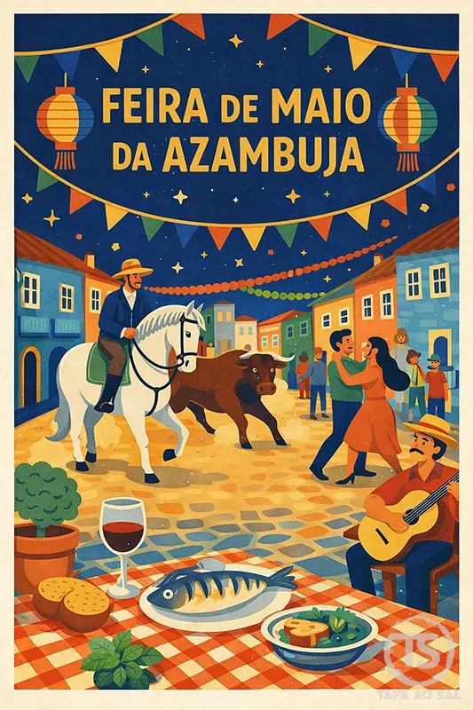 Ilustração da Feira de Maio da Azambuja com campino a cavalo, largada de toiros e ambiente festivo nas ruas da vila.