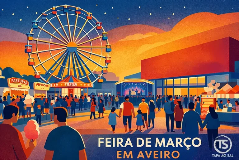 Feira de Março em Aveiro com roda gigante, palco de concertos e bancas de comida no recinto do Parque de Exposições.