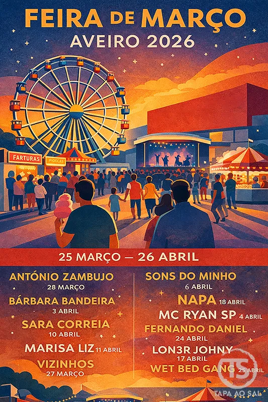 Cartaz da Feira de Março em Aveiro 2026 com datas, concertos e recinto iluminado no Parque de Exposições.