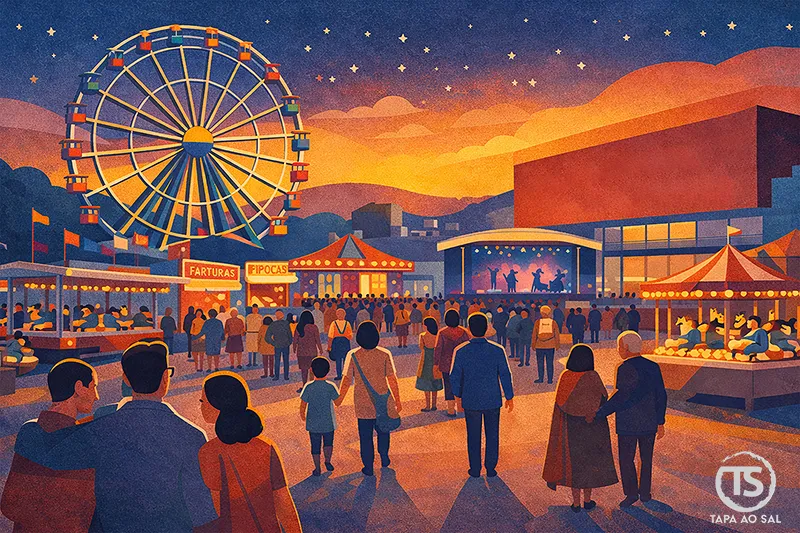 Recinto da Feira de Março em Aveiro com roda gigante, palco de concertos e bancas de comida no Parque de Exposições.