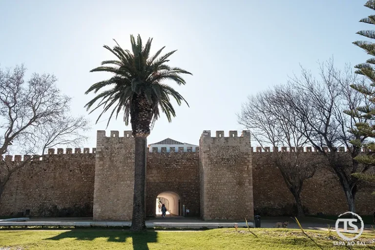 Muralhas do centro histórico de Lagos com arco de entrada e palmeira ao entardecer, Algarve